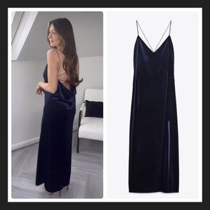 Zara NAVY BLUE VELVET LINGERIE-STYLE LONG DRESS